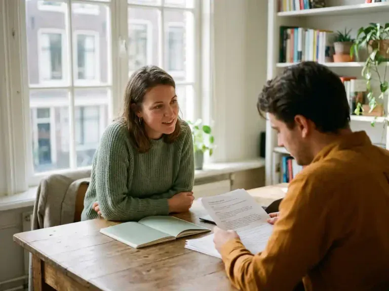 Loopbaancoach en cliënt aan houten bureau tijdens gesprek, met beoordelingsnotities en opengeslagen notitieboek, natuurlijk daglicht via Hollands raam.