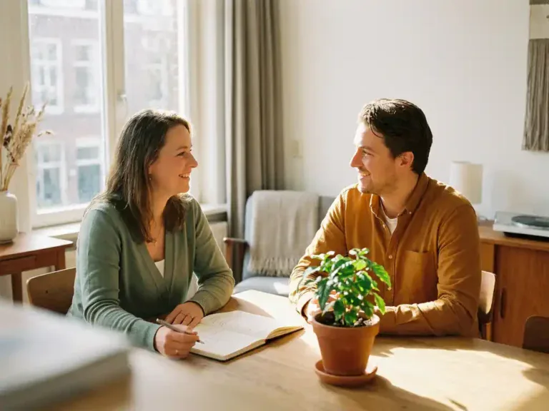 Loopbaancoach en medewerker in gesprek aan een zonnig kantoortafel met opengeslagen notitieboek en groene plant.