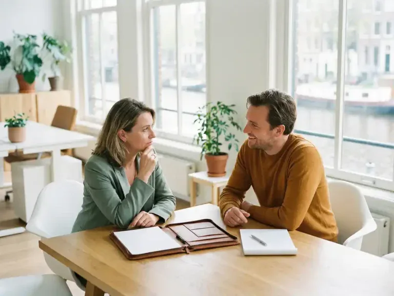 Midcareer professional in gesprek met een loopbaancoach in een licht modern Nederlands kantoor, leren portfolio en notitieboek op tafel.
