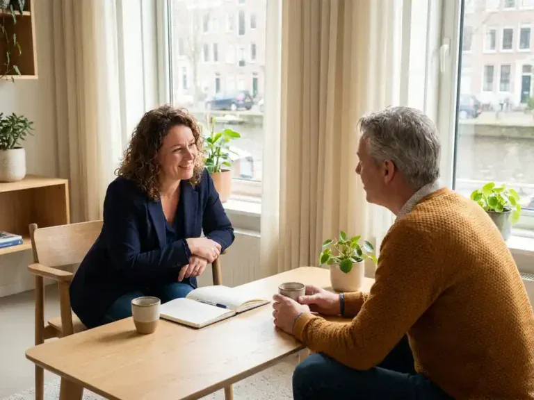 Professional in gesprek met een loopbaancoach in een licht modern kantoor, met notitieboek en koffie op tafel.