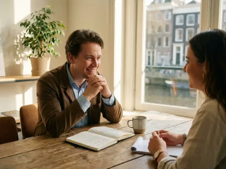 Loopbaancoach en medewerker in gesprek aan houten tafel in modern kantoor, met notitieboek en koffie, warm natuurlijk licht.