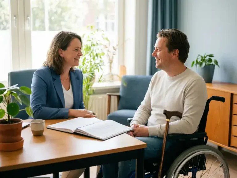 Loopbaancoach en medewerker met mobiliteitshulpmiddel in gesprek aan modern Nederlands kantoorbureau met notitieboek en koffie.