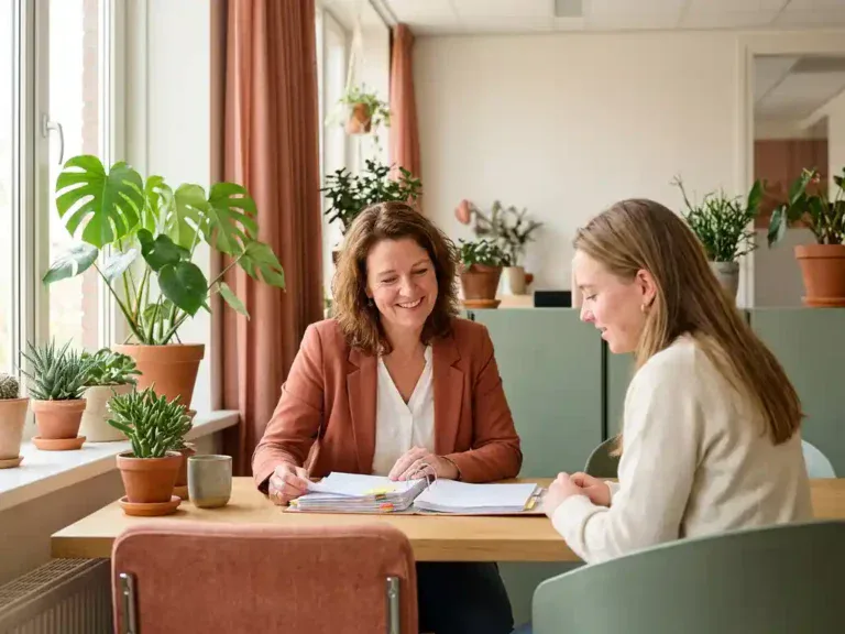 Loopbaancoach en jonge vrouw bespreken persoonlijk ontwikkelingsplan in licht modern Nederlands kantoor met planten en warm daglicht.