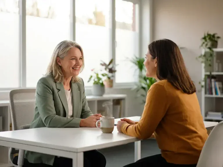 Vrouw van in de vijftig in gesprek met loopbaancoach aan moderne werkruimte, warm natuurlijk licht, sfeer van hoop en vertrouwen.