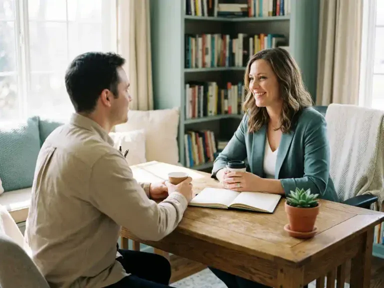 Loopbaancoach en medewerker in gesprek aan houten bureau met notitieboek en plant, warm natuurlijk licht.