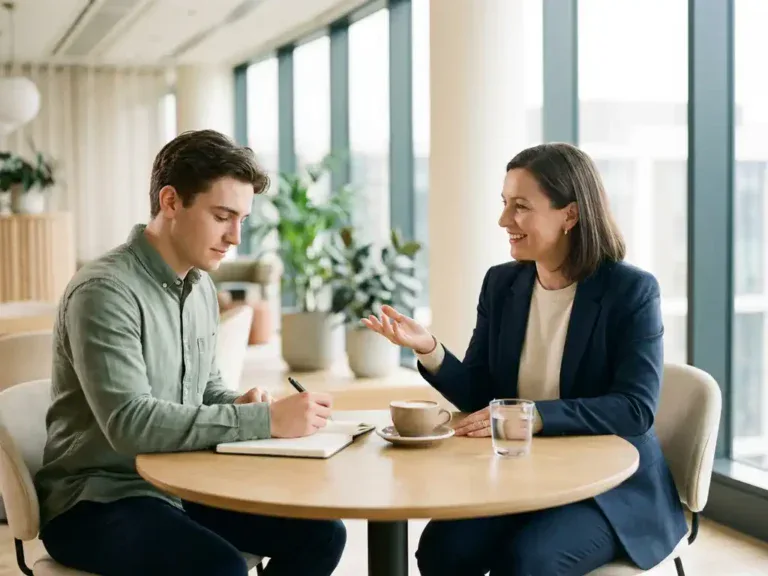Loopbaancoach en jonge medewerker in gesprek aan modern kantooртafel met notitieboek en koffie, warm natuurlijk licht.