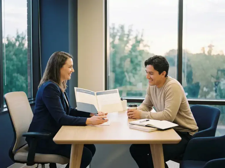 Loopbaancoach en medewerker in gesprek aan modern bureau, met documentmap en natuurlijk licht vanuit kantoorvenster.