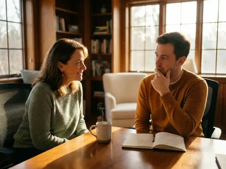 Carrièrecoach en medewerker in gesprek aan houten bureau met koffie en notitieboek, warm natuurlijk middaglicht.