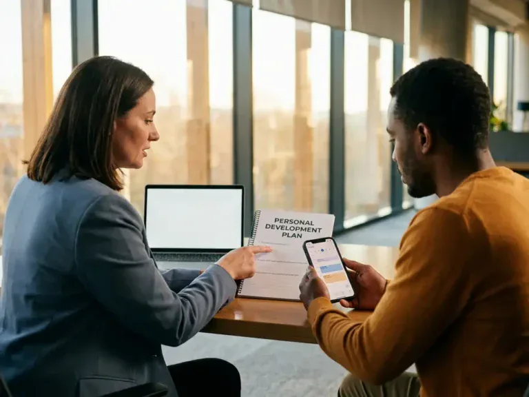 Loopbaancoach en werkzoekende aan modern bureau met laptop, persoonlijk ontwikkelingswerkboek en smartphone met kalender-app.