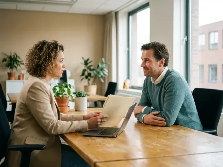 Loopbaancoach en maatschappelijk werker in gesprek aan een houten bureau in een licht modern Nederlands kantoor.