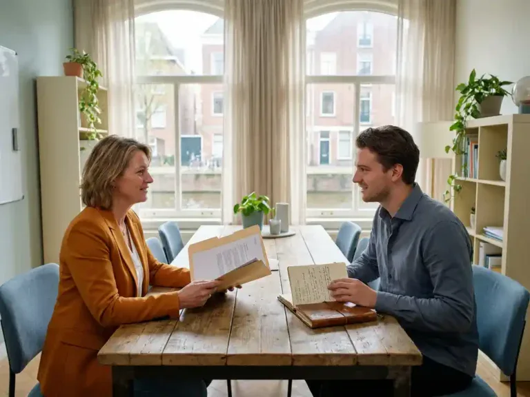 Loopbaancoach en medewerker in gesprek aan een houten bureau, met map en notitieboek, in licht kantoor met grote ramen.