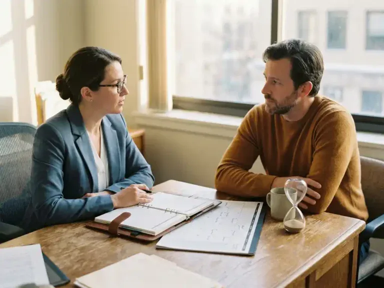 Loopbaancoach en medewerker in gesprek aan houten bureau met open planner, kalender en zandloper in warm kantoorlicht.
