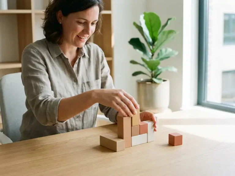 Loopbaancoach rangschikt modulaire bouwblokken in warme neutrale tinten op een eikenhouten bureau, één blok apart geplaatst.