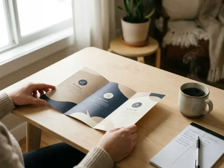 Carrièreadviseur vergelijkt drie prijsbrochures op een berkhouten bureau met koffie en notitieblok, zacht natuurlijk licht.