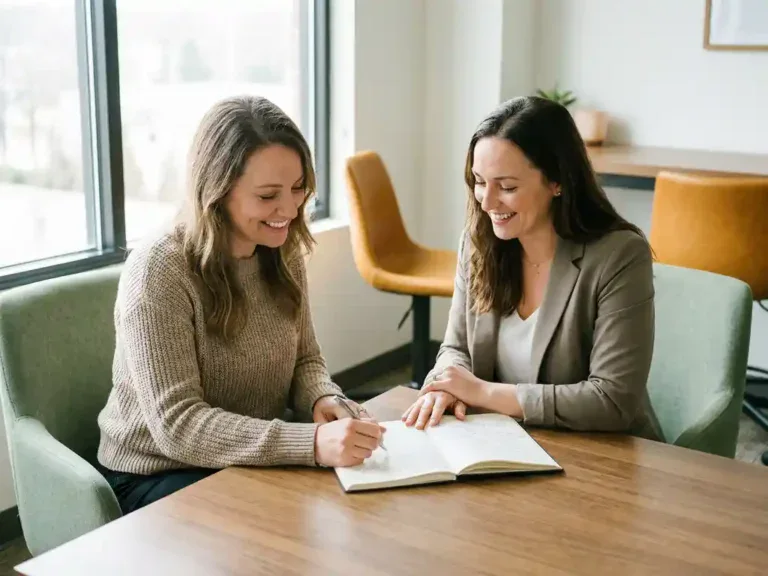 Loopbaancoach en professional bespreken aantekeningen in een notitieboek aan een houten bureau, verlicht door zacht natuurlijk daglicht.