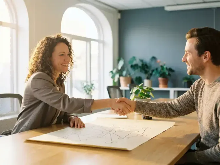 Loopbaancoach begroet werkzoekende aan houten bureau in modern Nederlands kantoor, met handgeschreven netwerkkaart en groene planten op de achtergrond.