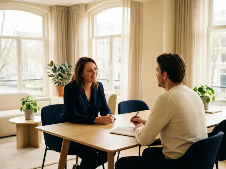 Professional oefent sollicitatiegesprek met loopbaancoach in modern Nederlands kantoor met natuurlijk licht en notitieblok op tafel.