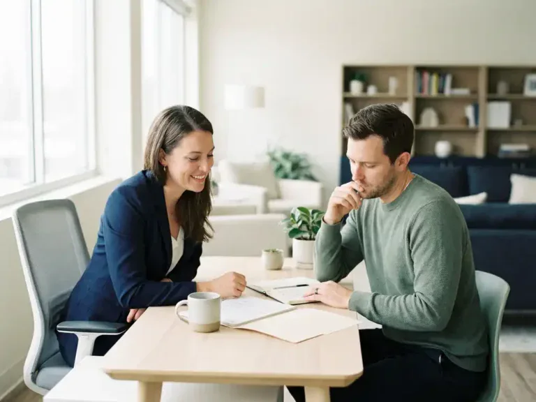 Loopbaancoach en medewerker in gesprek aan modern bureau met open map, warm natuurlijk licht, rustige sfeer.