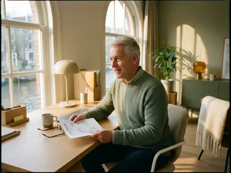 Zelfverzekerde zestiger bekijkt loopbaanplan aan modern bureau in Nederlands kantoor met warm middaglicht.