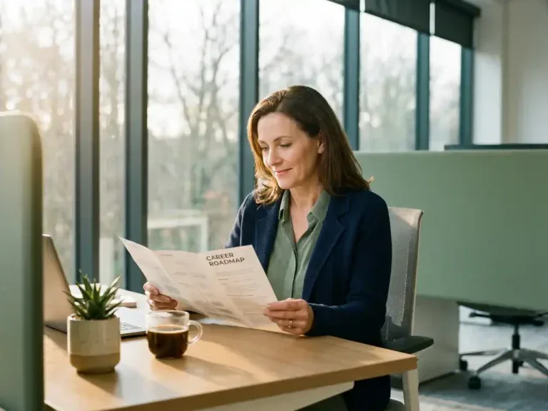 Professional in smart-casual kleding bestudeert een carrière-routekaart aan een modern bureau met plant en koffie in warm kantoorlicht.