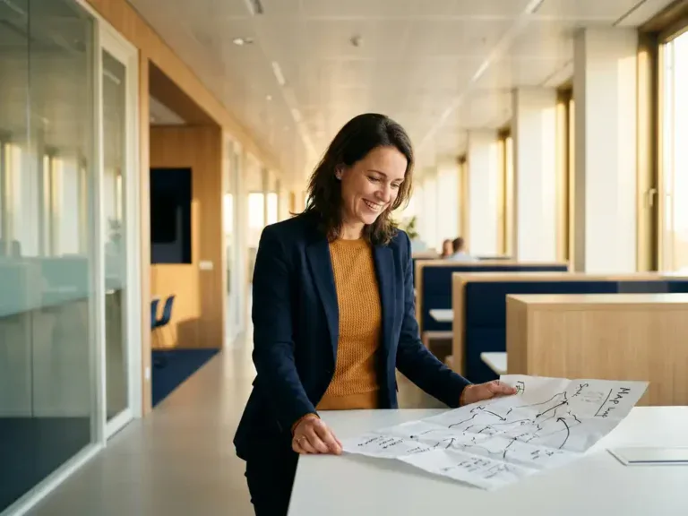 Zelfverzekerde professional bestudeert een handgetekende carrièrekaart op een bureau in een licht modern kantoor met grote ramen.