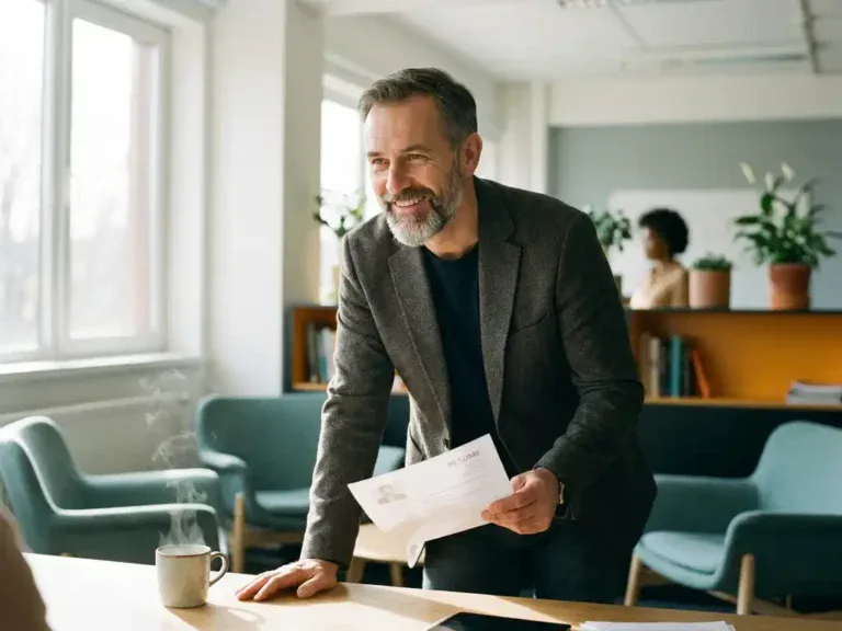 Man van middelbare leeftijd bekijkt zijn cv in een modern loopbaanadviesbureau, met koffie en zacht daglicht.