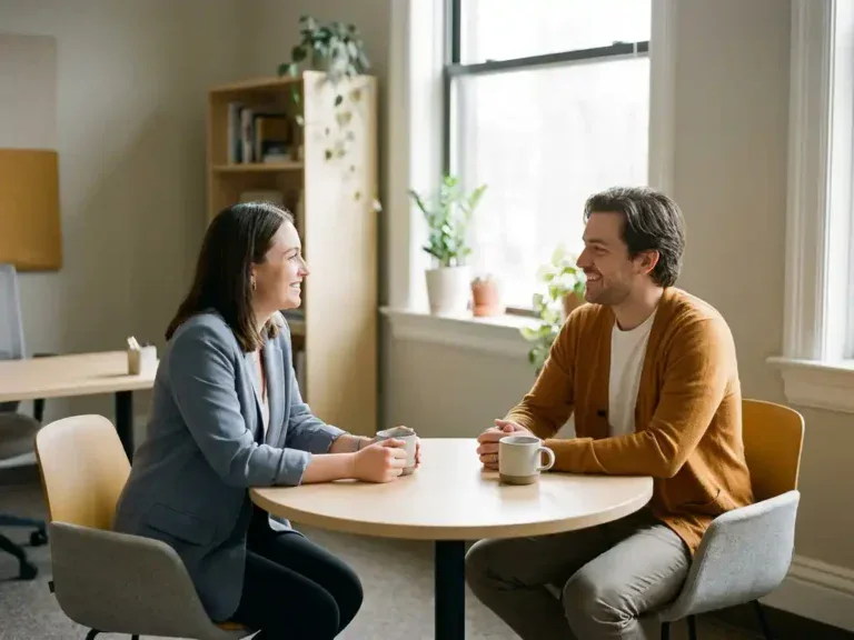 Manager en medewerker in een rustig één-op-één gesprek aan een kantaartafel, warm natuurlijk licht op de achtergrond.
