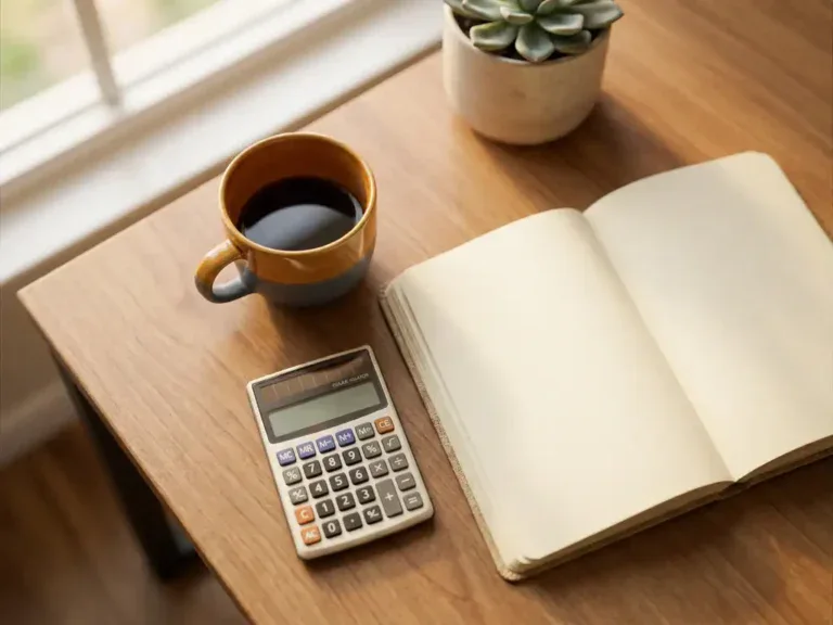 Open notitieboek naast een calculator en koffiekop op een houten bureau, met een groene plant op de achtergrond en warm natuurlijk licht.