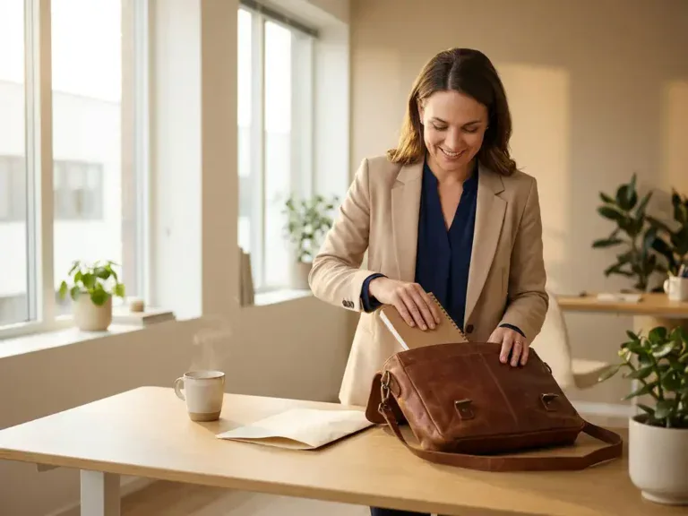 Professional pakt leren tas in bij modern bureau met KvK-inschrijving en koffie, warm ochtendlicht.