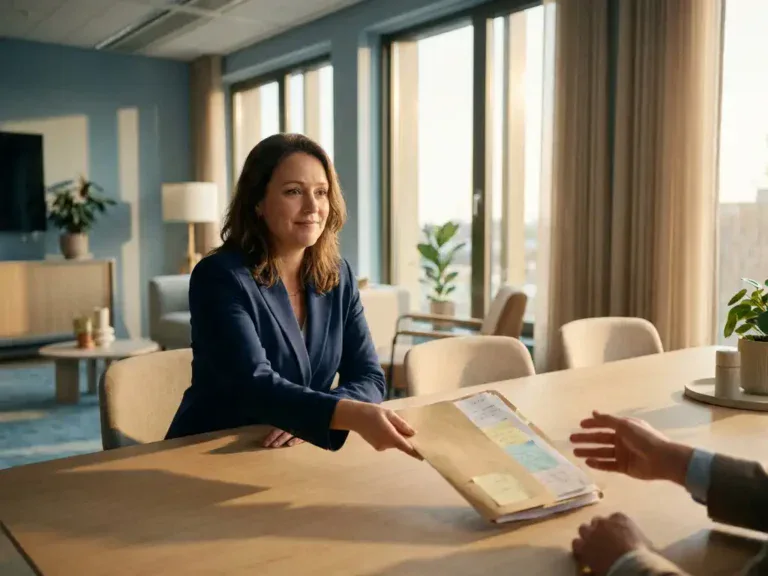 HR-manager schuift een georganiseerde ontslagmap over een vergadertafel naar een medewerker, warm natuurlijk licht, professionele sfeer.