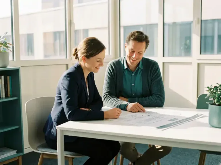 Poolse professional en Nederlandse loopbaancoach bespreken carrièreplan aan wit bureau in licht modern kantoor.