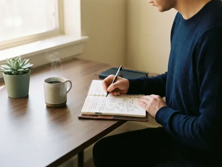 Professional schrijft gestructureerde notities in een planner op een modern bureau, met koffie en plant in warm natuurlijk licht.
