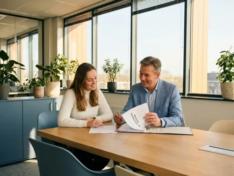 Manager en medewerker bespreken re-integratiedossier aan moderne kantoortafel, warm en betrokken gesprek in natuurlijk licht.
