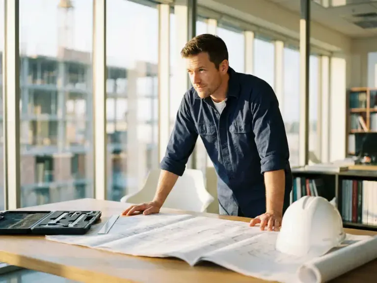 Technisch specialist bestudeert engineeringblauwdrukken op modern bureau met helm en precisietools, warm middaglicht.