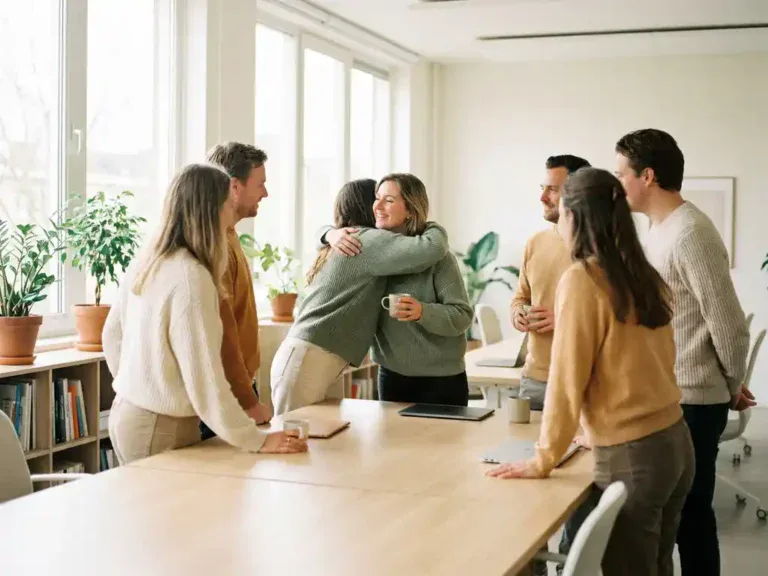 Terugkerende medewerker hartelijk verwelkomd door collega's aan een gedeelde werktafel in een licht modern Nederlands kantoor.