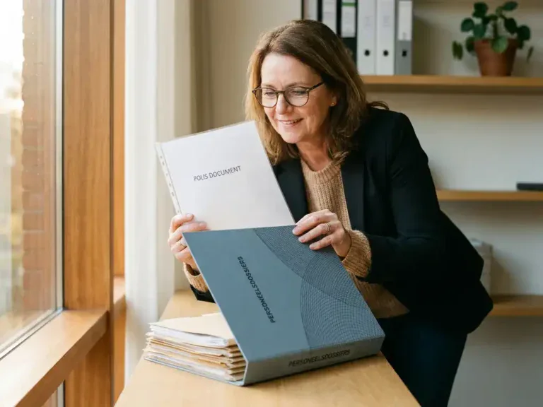 Ondernemer bestudeert verzekeringspolis op modern bureau, met beschermende map over personeelsdossiers in warm amberkleurig kantoorlicht.