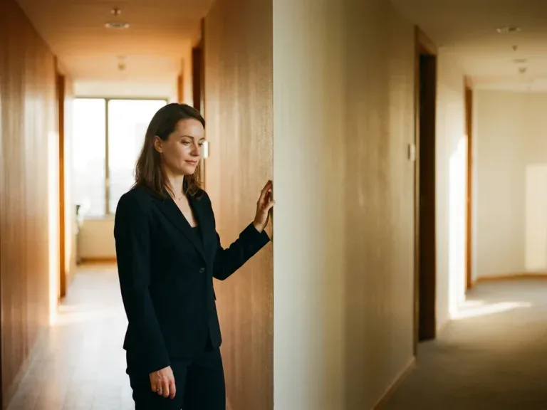Vrouw bij kruispunt in zonnig kantoorgangpad, hand tegen muur, blik gericht op licht venster verderop, uitstraling van rustige overweging.