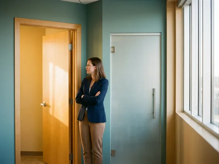 Vrouw in zakelijke kleding staat nadenkend op een kruispunt in modern kantoorgang, één pad naar open deur met warm licht, ander pad naar gesloten matglazen deur.