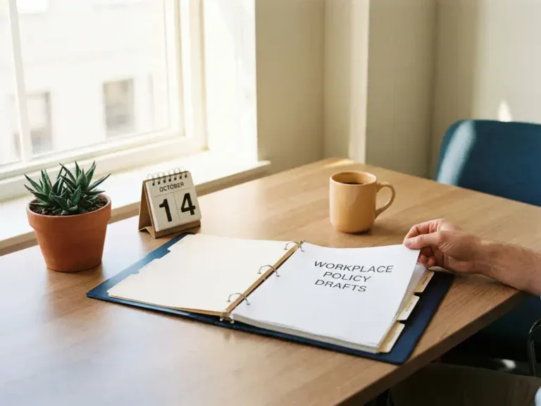 Nette werkgeversbureau met open beleidsdocument, koffiemok, kalender en potplant in warm natuurlijk licht.