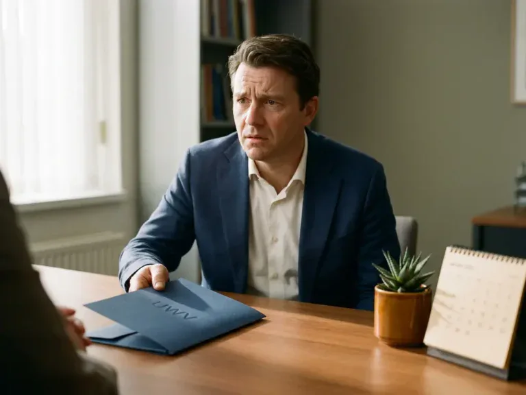 Bezorgde werkgever aan bureau met officieel UWV-document, groene plant en kalender op de achtergrond.