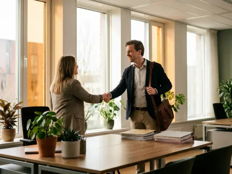 Werknemer schudt hand met manager bij terugkeer op werk in licht modern Nederlands kantoor met zonlicht en groene plant.