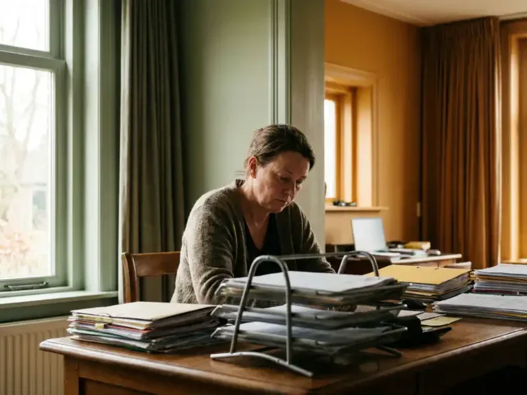 Vermoeide kantoormedewerker aan rommelig bureau met stapels mappen, zacht natuurlijk raamlicht in warm Hollands interieur.