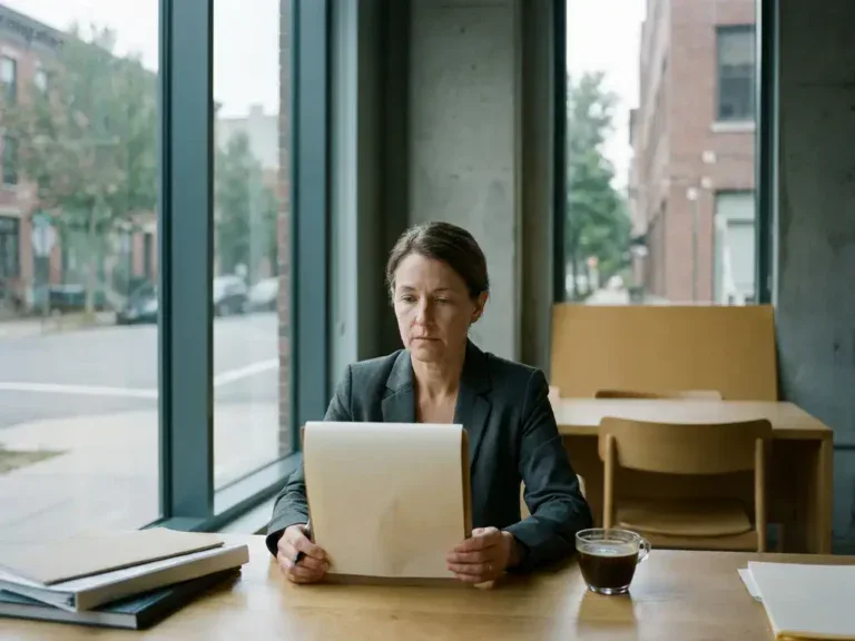 Professional staart leeg naar een leeg notitieboek aan een minimalistisch bureau in een modern Nederlands kantoor met grote ramen.