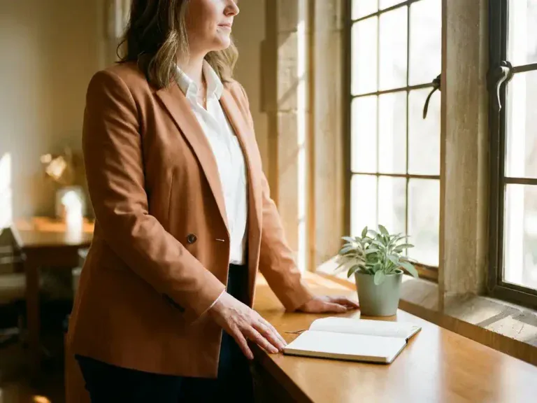 Zelfverzekerde professional bij zonnig raam met handen op houten bureau, groen plantje en notitieboek op de voorgrond.