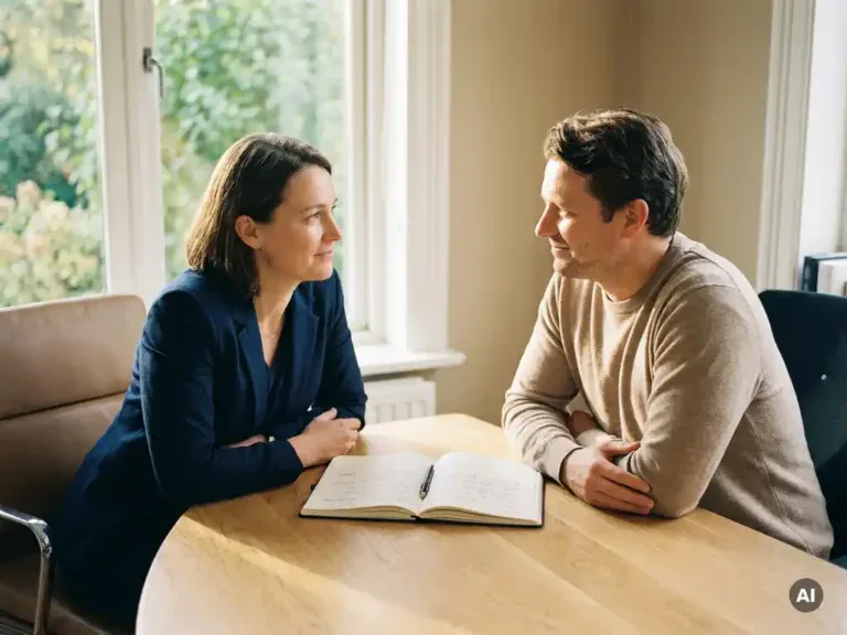 Professionele coach en cliënt in persoonlijk gesprek aan lichte eikenhouten tafel, notitieboek ertussen, warm middaglicht.