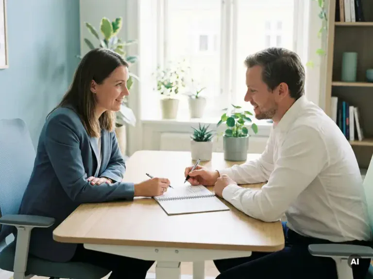 Manager en medewerker in gesprek aan modern bureau met gedeeld notitieboek, warm kantoor met natuurlijk raamlicht.