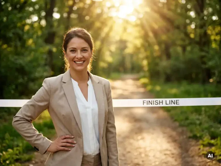 Zelfverzekerde professional bij een duidelijk gemarkeerde finishlijn op een zonnig pad, omgeven door weelderig groen.