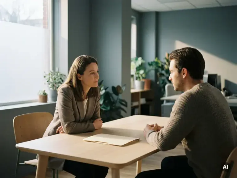 Manager en medewerker in gesprek aan moderne vergadertafel met gesloten map, zacht natuurlijk licht, rustige kantooromgeving.