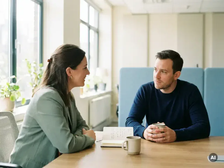 HR-professional in gesprek met medewerker aan modern kantaartafel met notitieboek en koffie, warm natuurlijk licht.