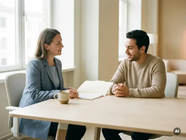 HR-manager en medewerker in gesprek aan modern bureau met open map en koffie, ondersteunende sfeer, warm natuurlijk licht.
